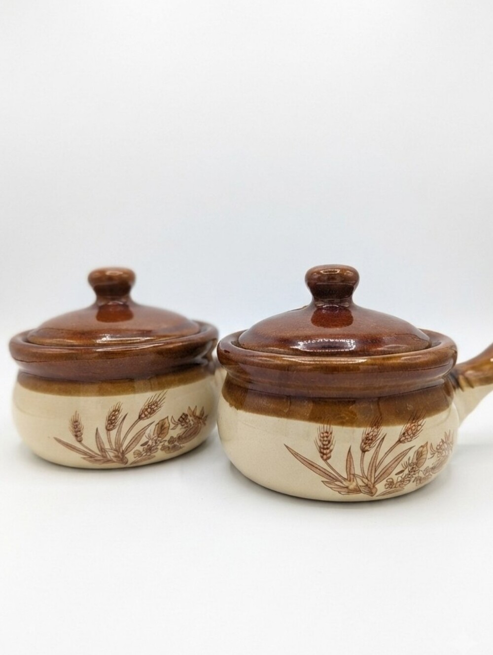Vintage Pair of Stoneware Soup Crocks Lidded Handled Autumn Wheat Retro Decor